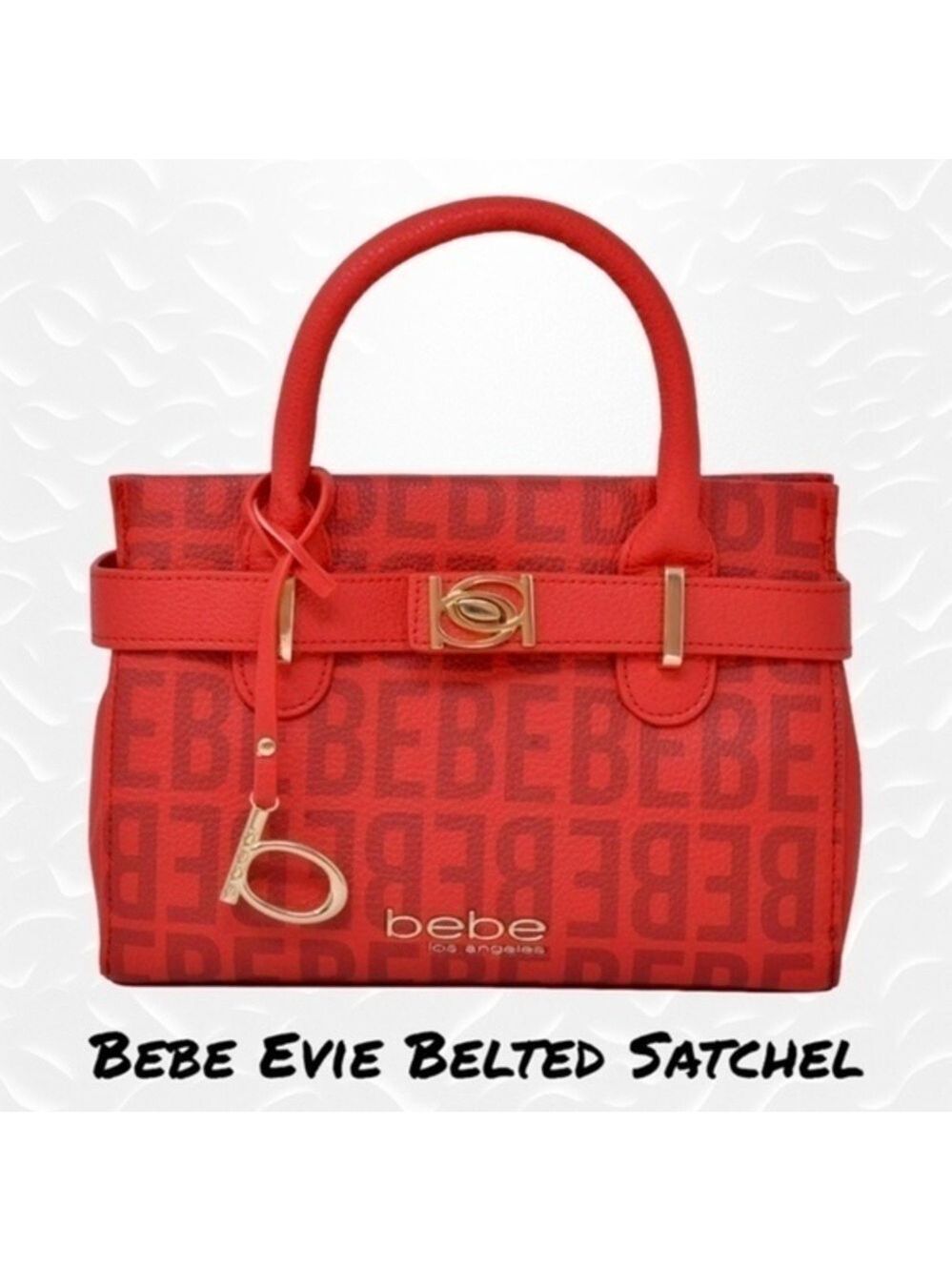 BEBE NWT Evie Logo Vegan Leather Double Handle+Strap Small RED Satchel w/Charm